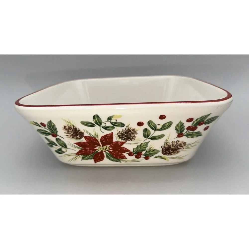 Longaberger Christmas Casserole Dish Poinsettia Pinecone Square 9.5